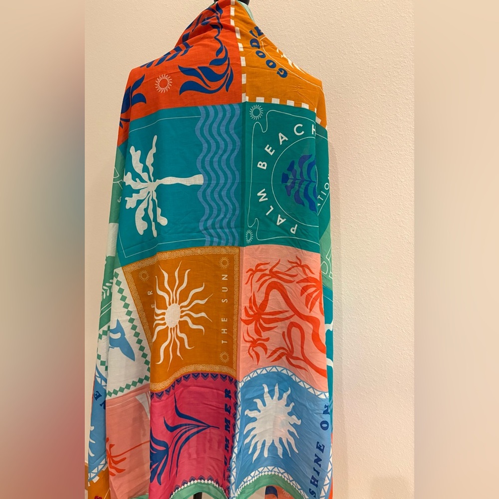 Calypso St. Barth Colorblock Palm Patchwork shawl — Teal, Orange & Coral